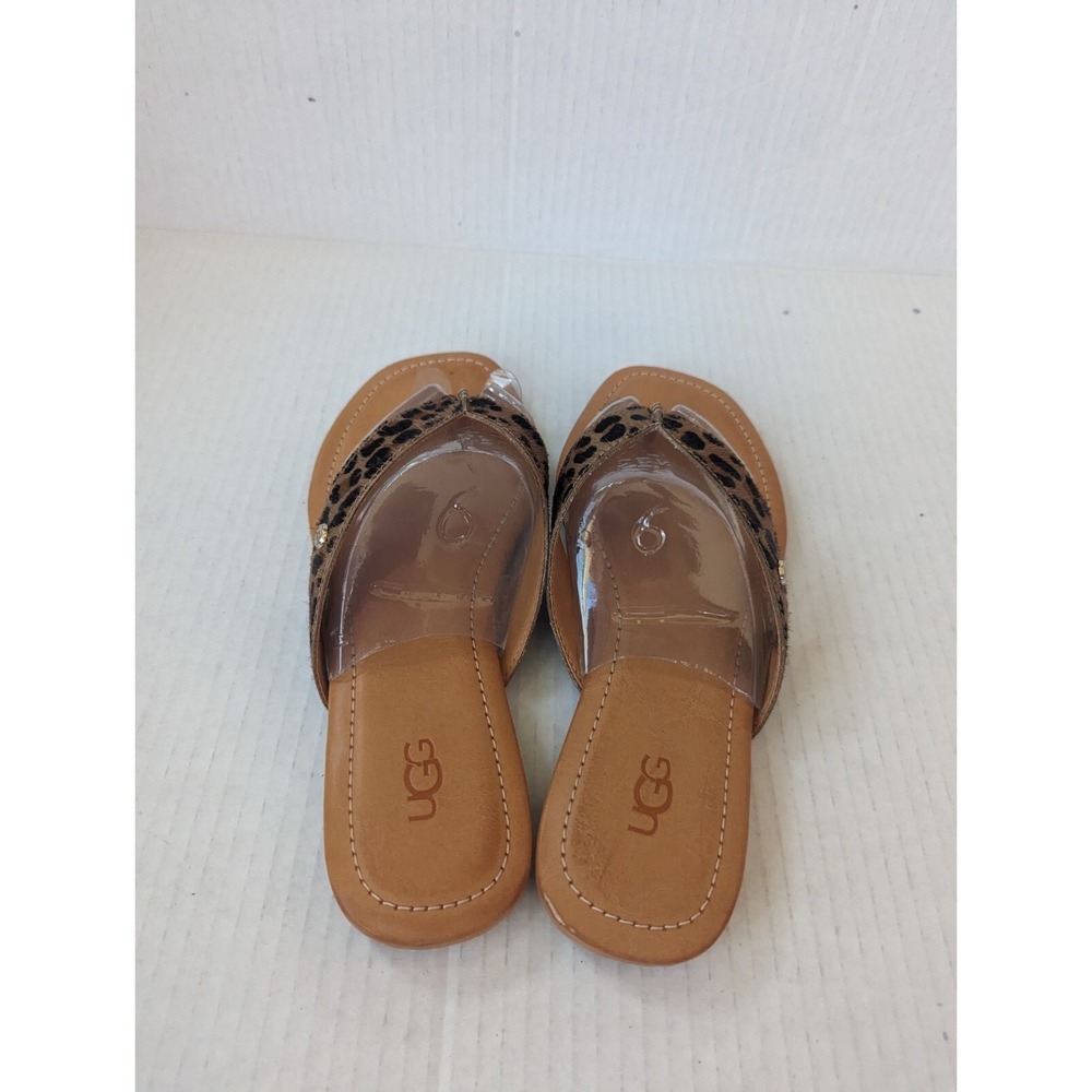 UGG Women's 6.5 Leather Tuolumne Real Cow Fur Thong Sandals Tan Brown Print New - Picture 5 of 7